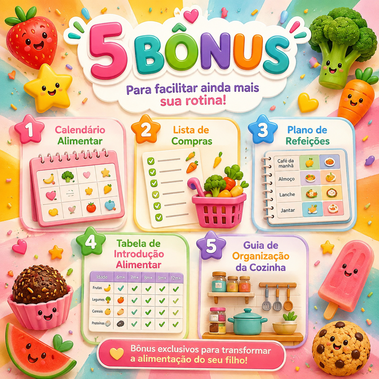 5 bônus exclusivos: calendário alimentar, lista de compras, plano de refeições, tabela de introdução alimentar e guia de organização da cozinha
